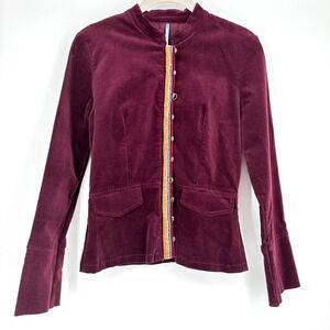 Retro Velvet Jacket Sz S Burgundy Stripe Full‎ Zip Bell Sleeve Boho Y2K Slim Fit